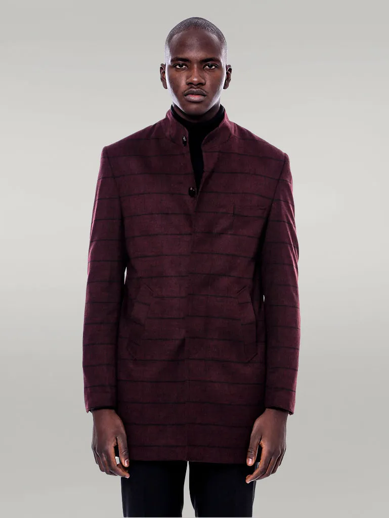 Mandarin Collar Burgundy Checked Coat - Wessi
