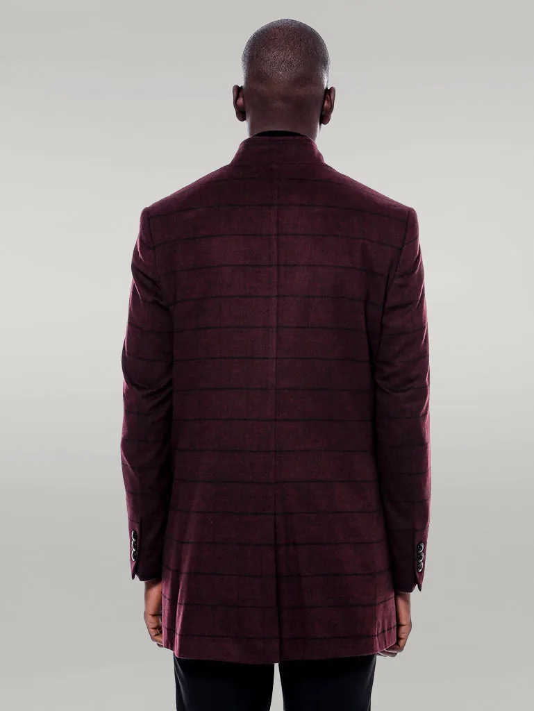 Mandarin Collar Burgundy Checked Coat - Wessi