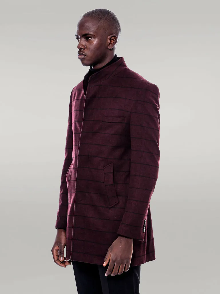 Mandarin Collar Burgundy Checked Coat - Wessi