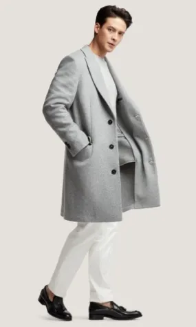 Mens Peacoat - Peacoat For Men Men's Light Grey ~ Wine Peak Lapel Two Flap Front Pockets Men's Carcoat - Car Coat Mid Length Three Quarter Length Coat
