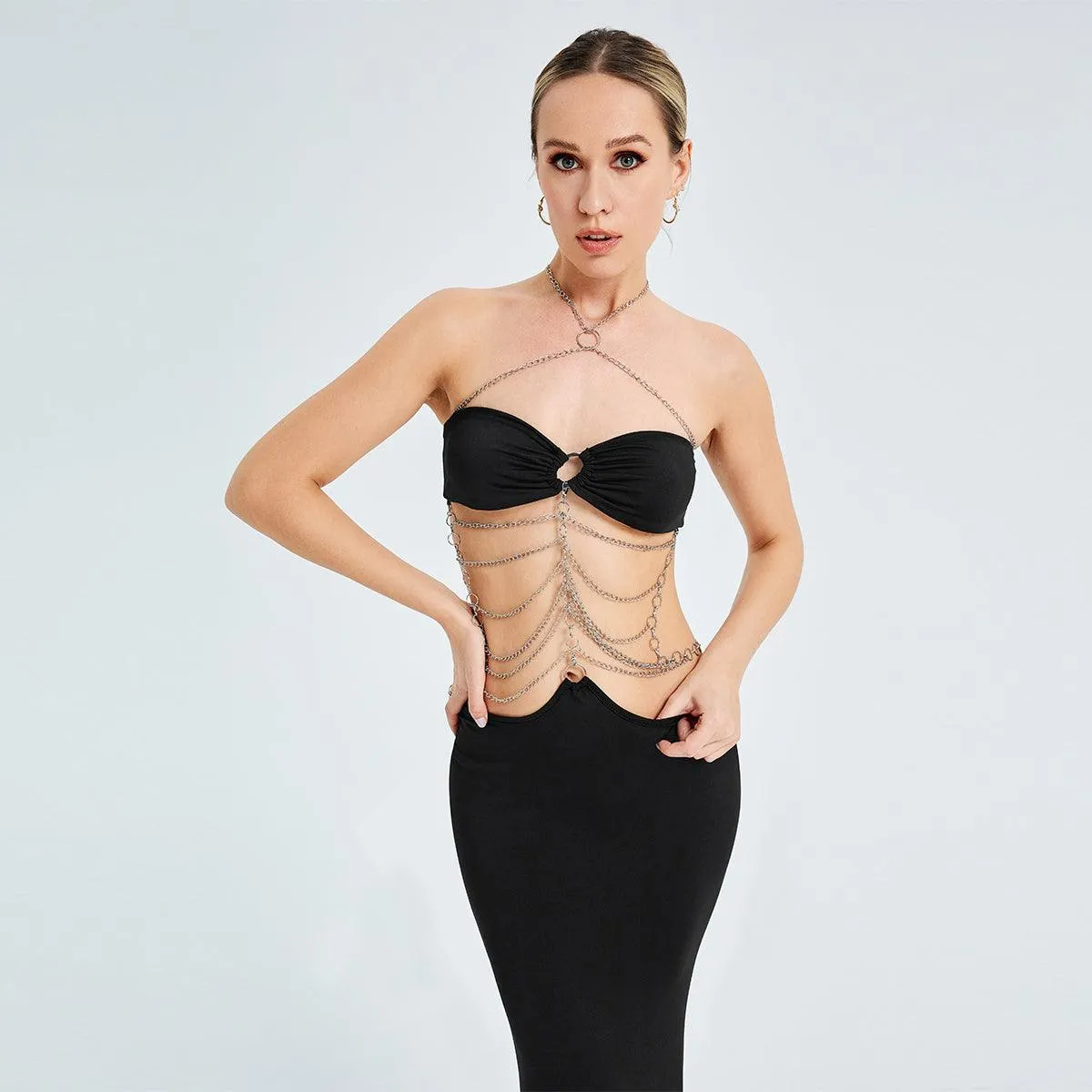 Metal Chain Halterneck Cutout Party Dress - Bold and Daring