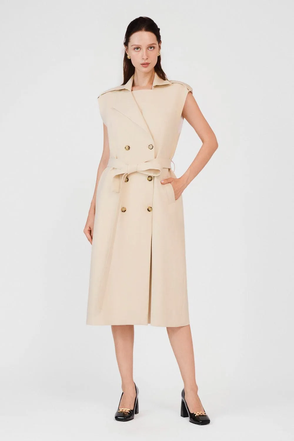 Oaklee Wrap Double Breasted Khaki Calf Length Dress