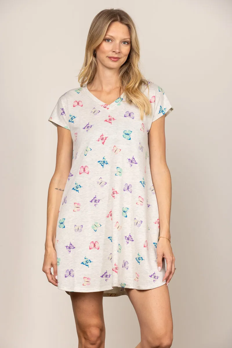 OATMEAL BUTTERFLY PRINT SHORT SLEEVES KNIT MINI DRESS SD1300-16