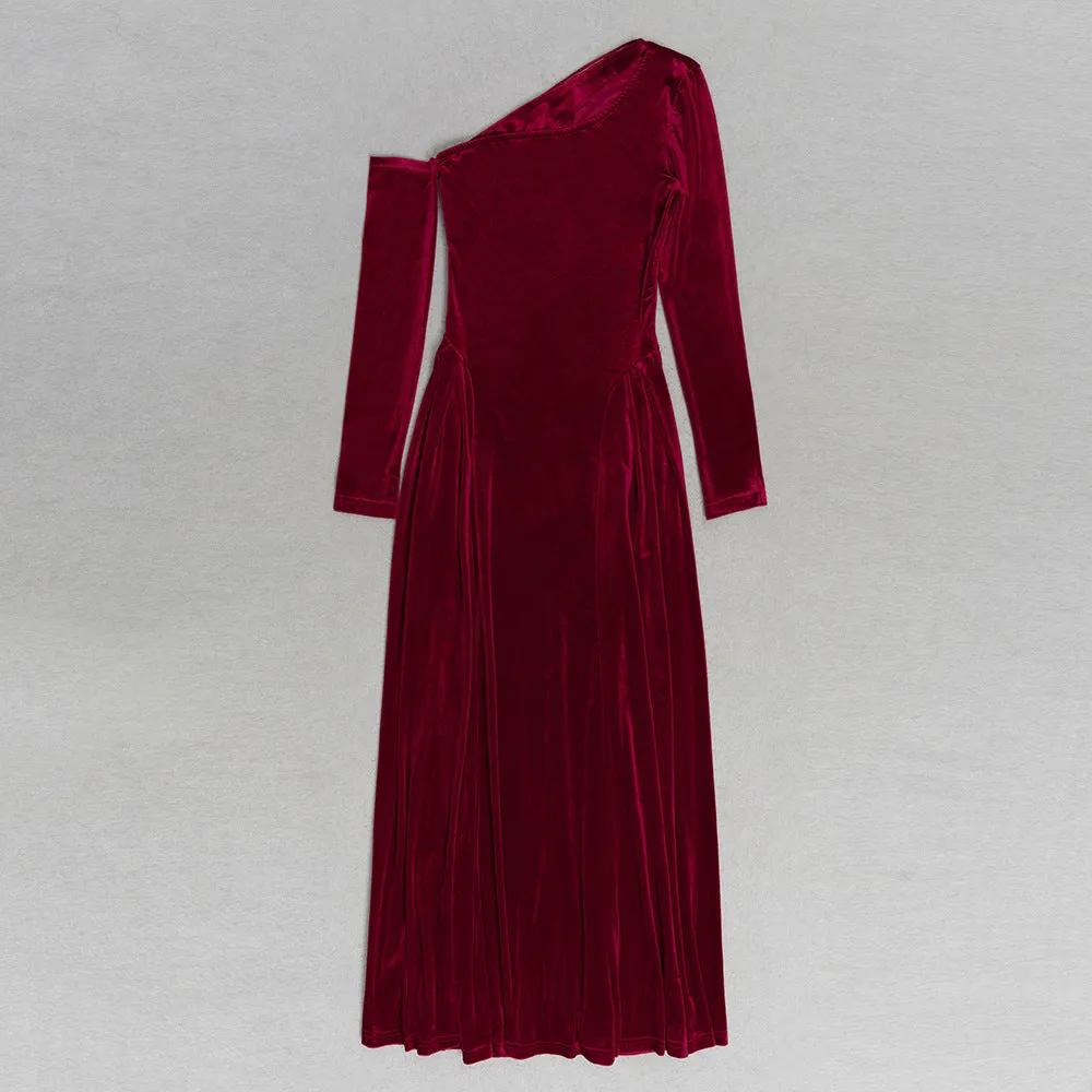 One Shoulder Long Sleeve High Slit Velvet Evening Dress
