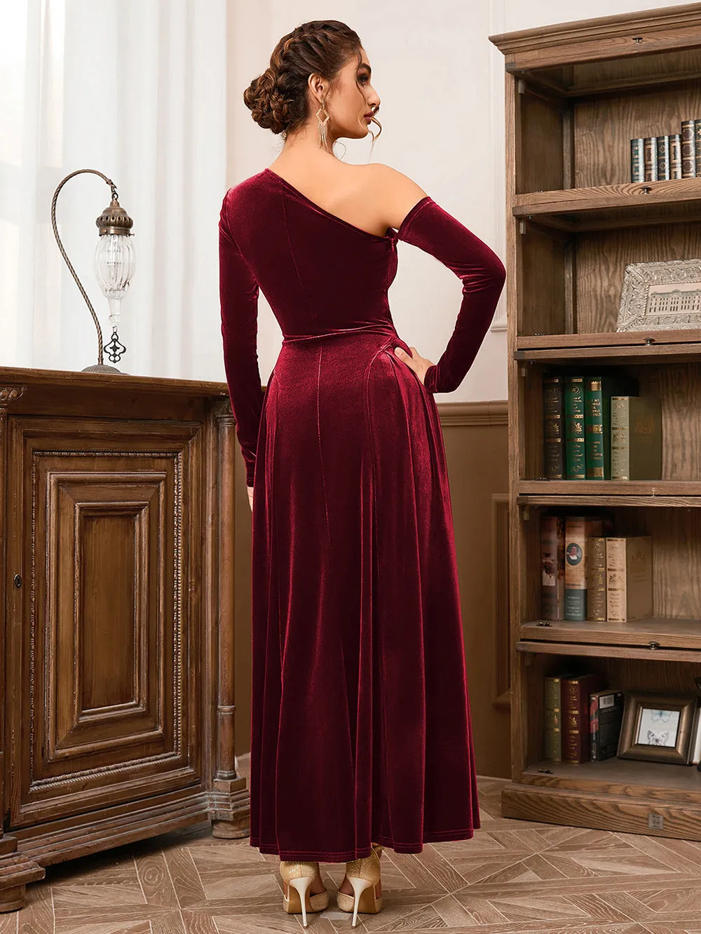 One Shoulder Long Sleeve High Slit Velvet Evening Dress