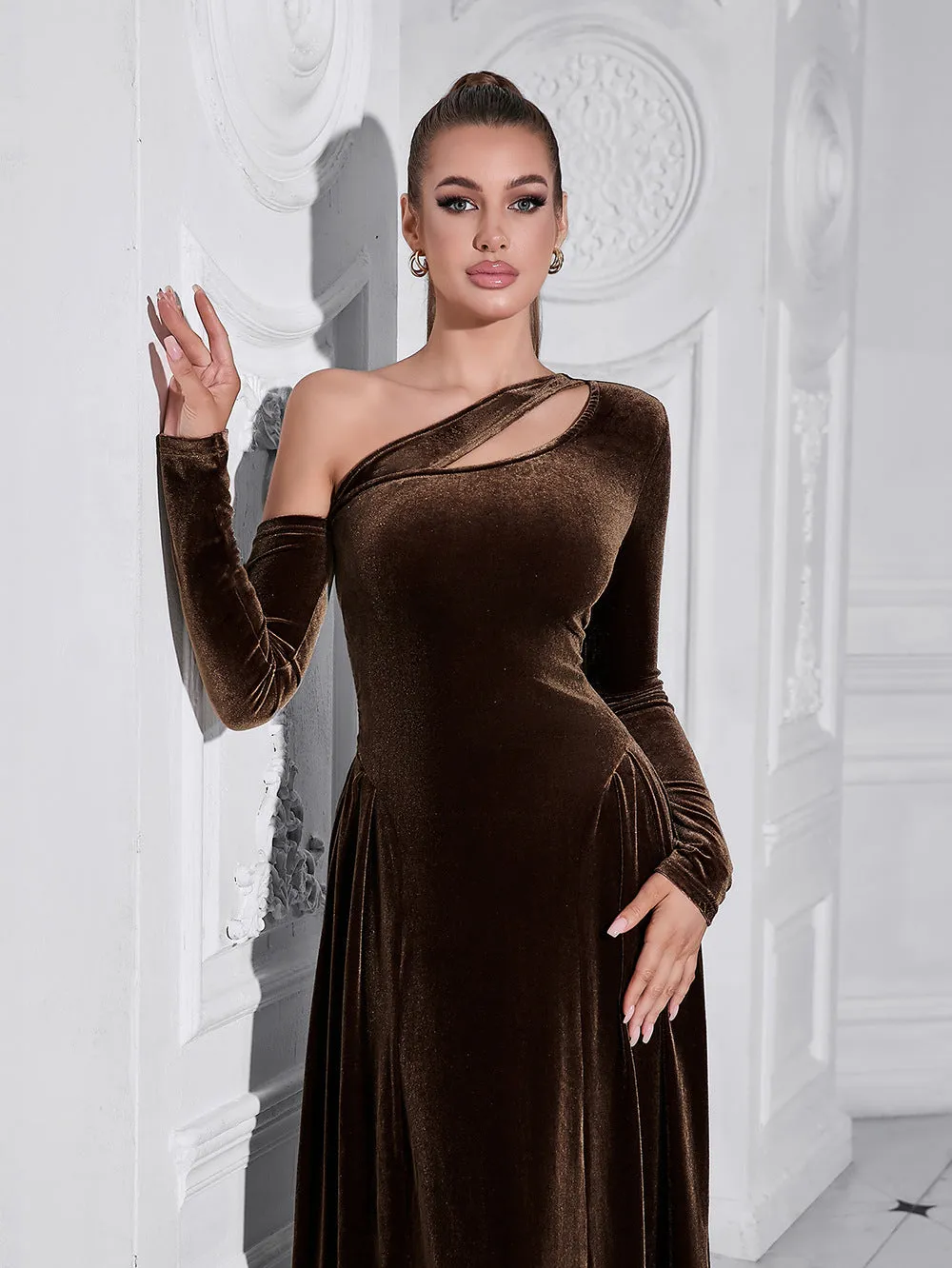 One Shoulder Long Sleeve High Slit Velvet Evening Dress