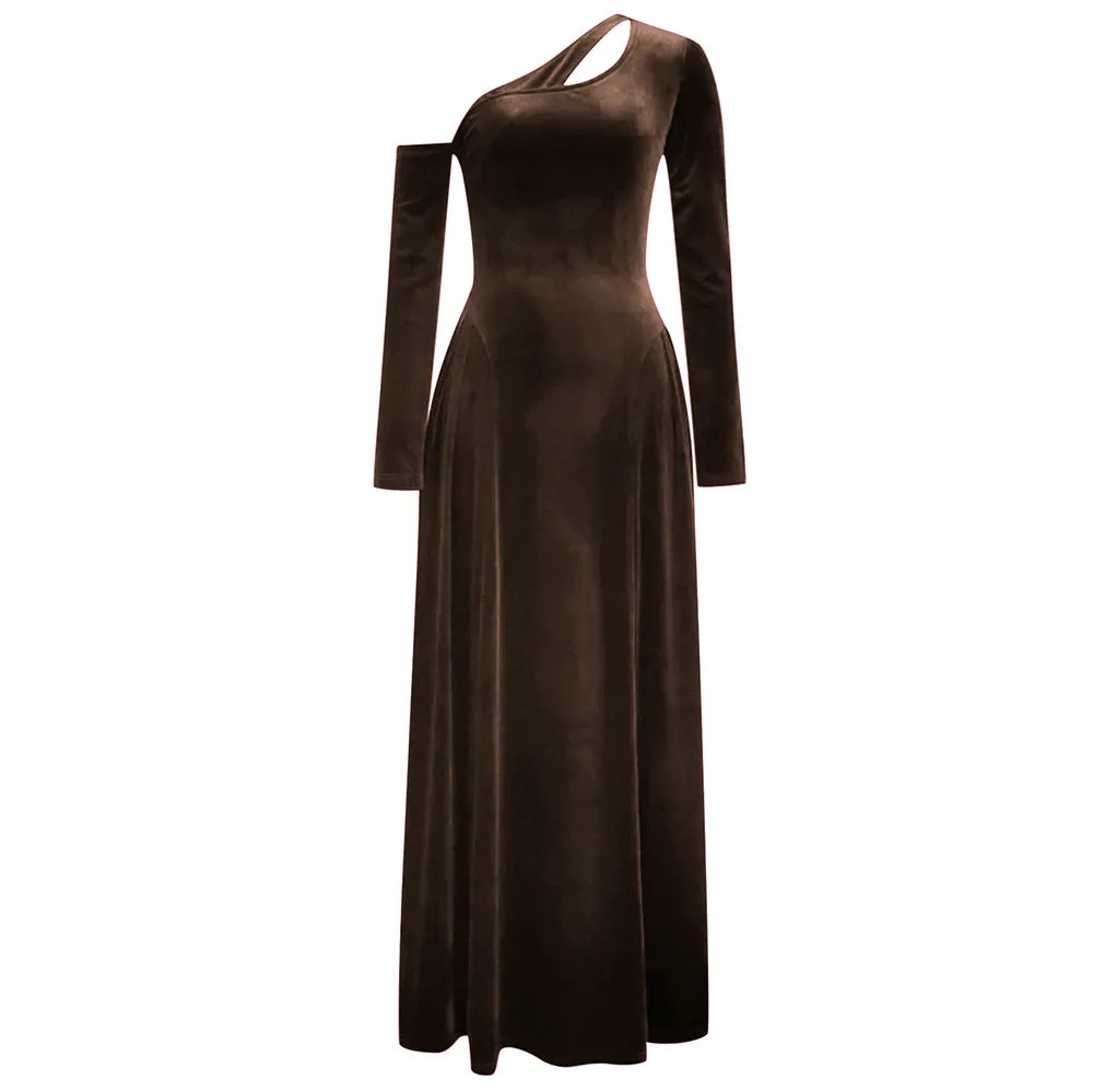 One Shoulder Long Sleeve High Slit Velvet Evening Dress
