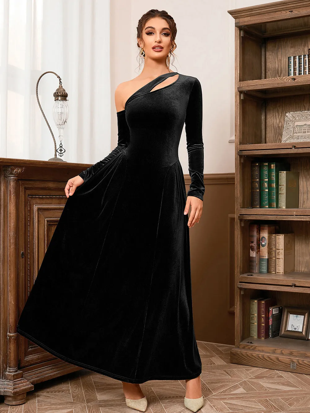 One Shoulder Long Sleeve High Slit Velvet Evening Dress