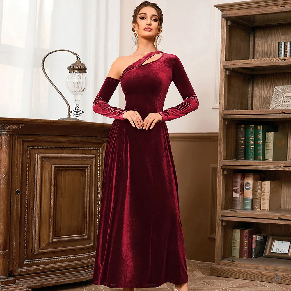 One Shoulder Long Sleeve High Slit Velvet Evening Dress
