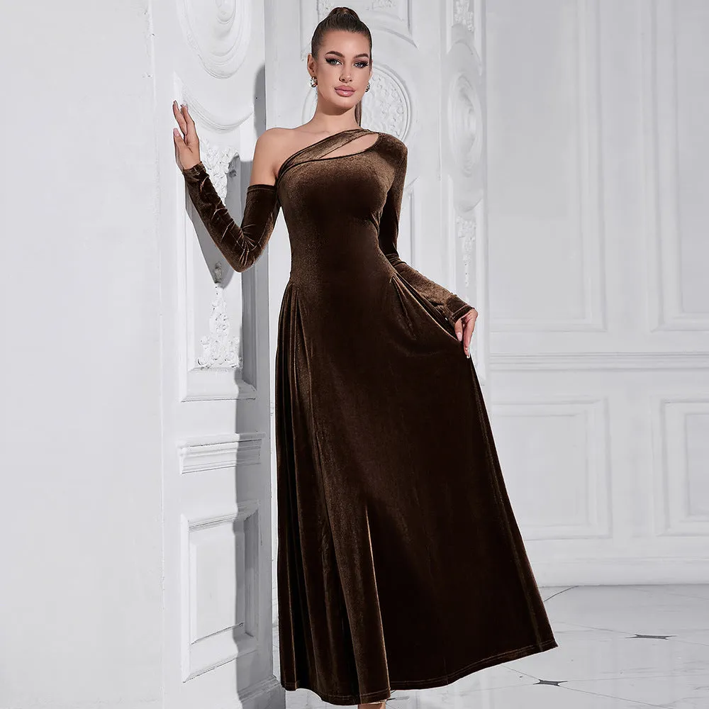 One Shoulder Long Sleeve High Slit Velvet Evening Dress