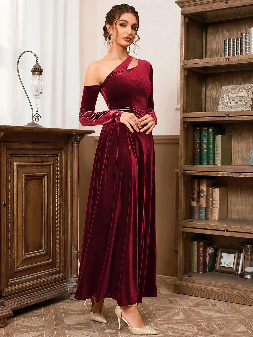 One Shoulder Long Sleeve High Slit Velvet Evening Dress