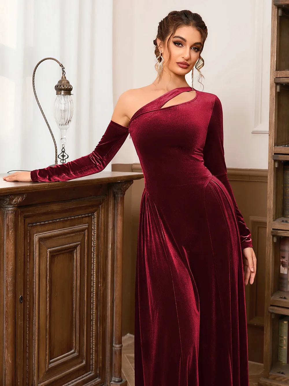 One Shoulder Long Sleeve High Slit Velvet Evening Dress