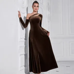 One Shoulder Long Sleeve High Slit Velvet Evening Dress