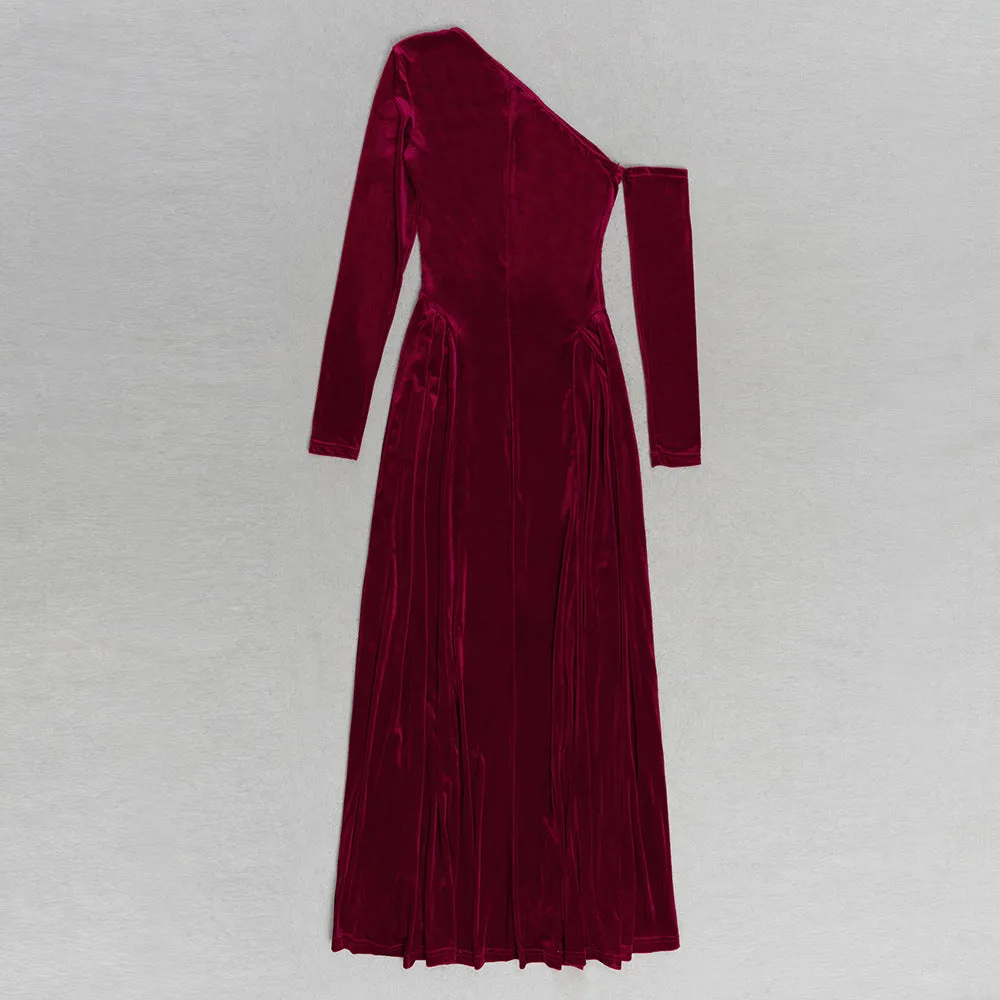 One Shoulder Long Sleeve High Slit Velvet Evening Dress