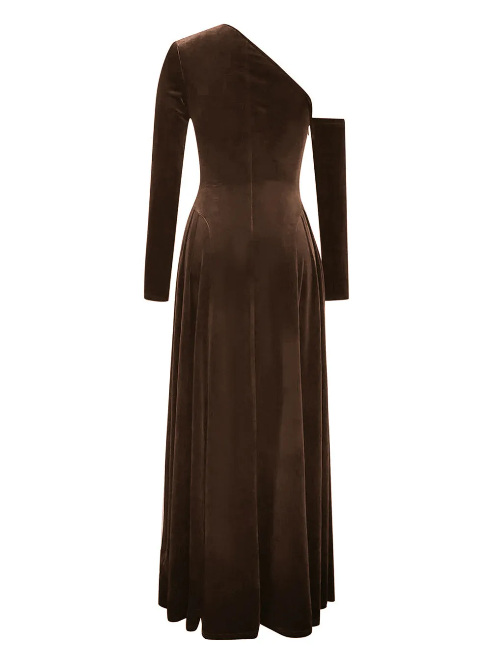 One Shoulder Long Sleeve High Slit Velvet Evening Dress