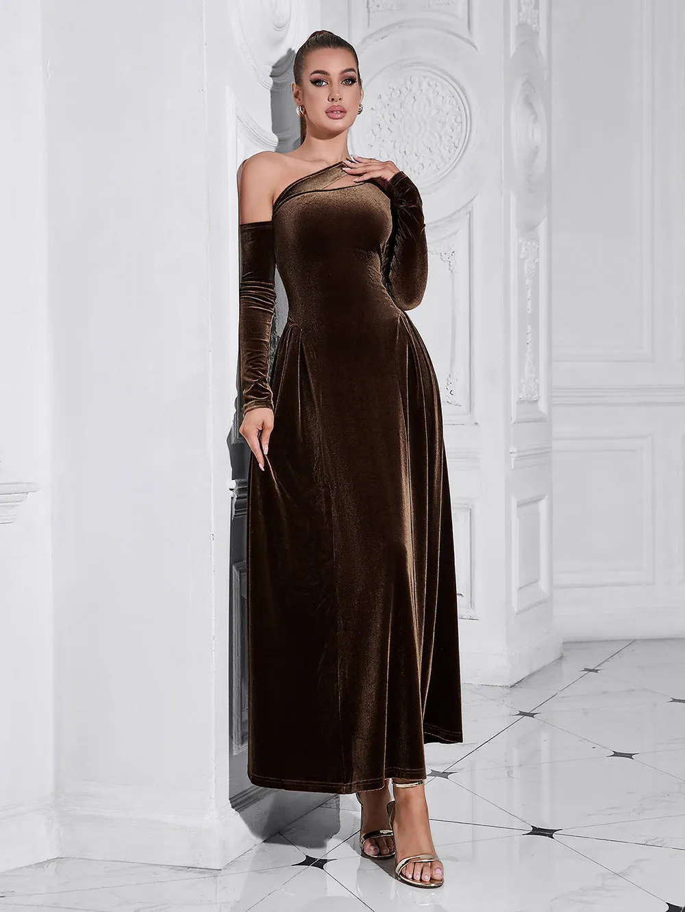 One Shoulder Long Sleeve High Slit Velvet Evening Dress