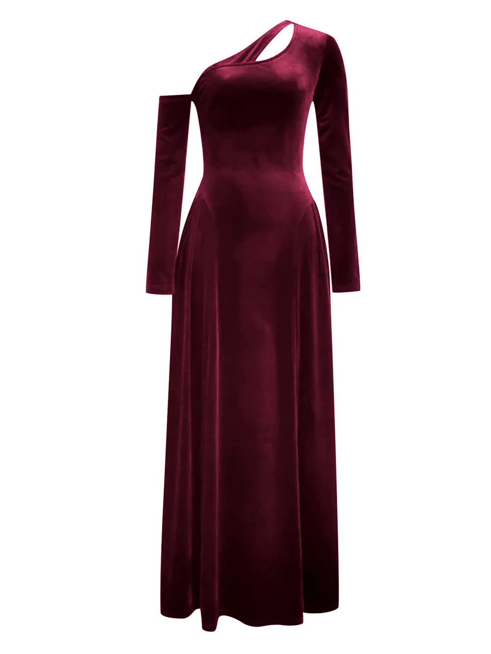 One Shoulder Long Sleeve High Slit Velvet Evening Dress
