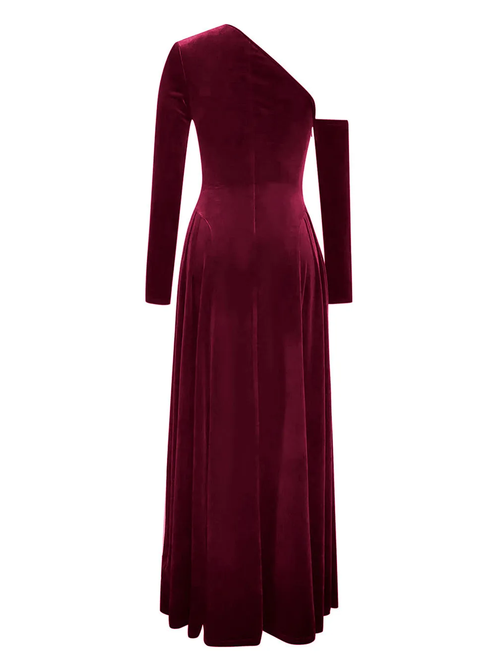 One Shoulder Long Sleeve High Slit Velvet Evening Dress