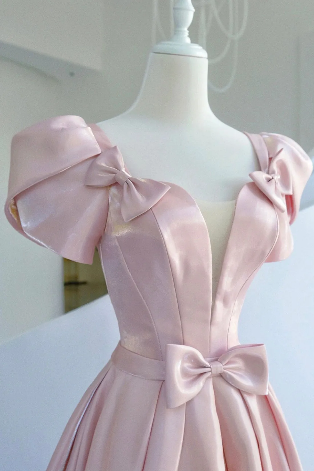 Pink Satin Long Prom Dress, Beautiful A-Line Evening Dress with Bow