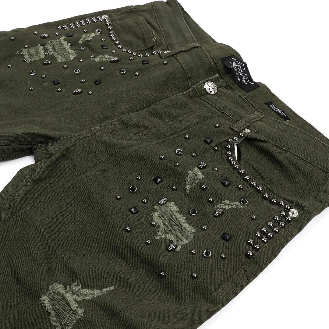 PP Men's Flex Straight Cut Stoned Distressed Jeans- Green