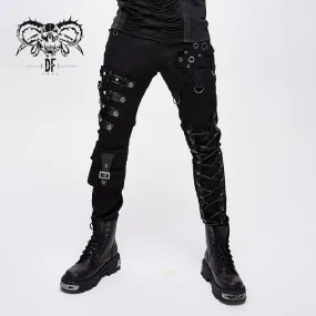 PT100 punk heavy metal lace up leg torn men trousers with loops