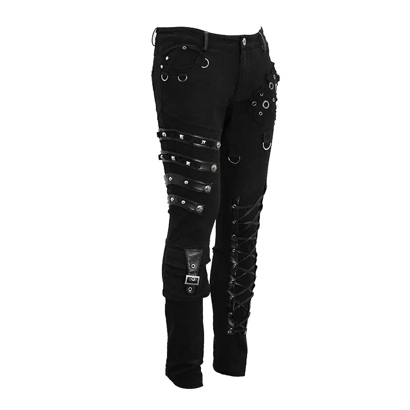PT100 punk heavy metal lace up leg torn men trousers with loops
