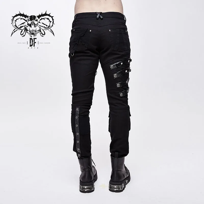 PT100 punk heavy metal lace up leg torn men trousers with loops