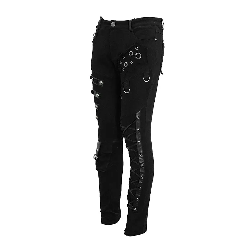 PT100 punk heavy metal lace up leg torn men trousers with loops