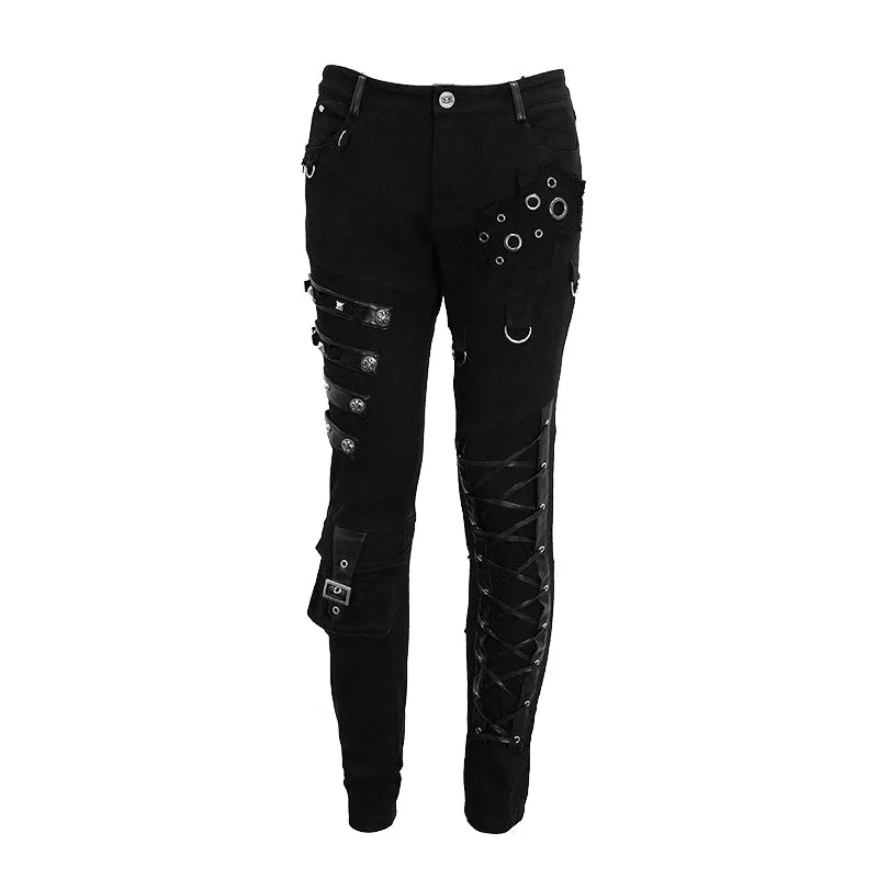 PT100 punk heavy metal lace up leg torn men trousers with loops