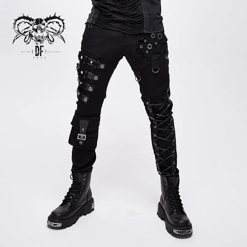 PT100 punk heavy metal lace up leg torn men trousers with loops