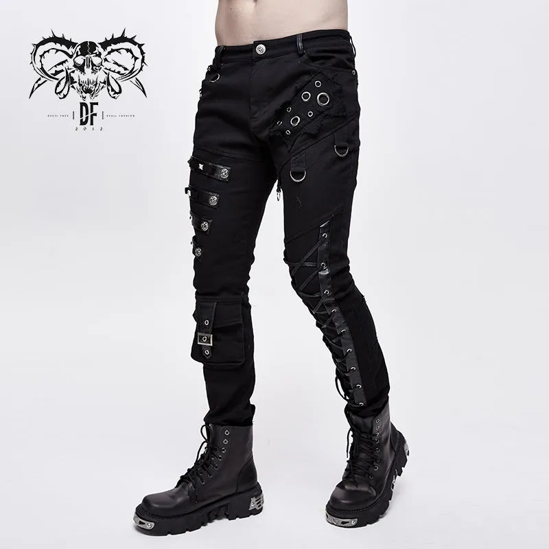 PT100 punk heavy metal lace up leg torn men trousers with loops