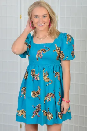 Queen of Sparkles Teal Leopard Dress