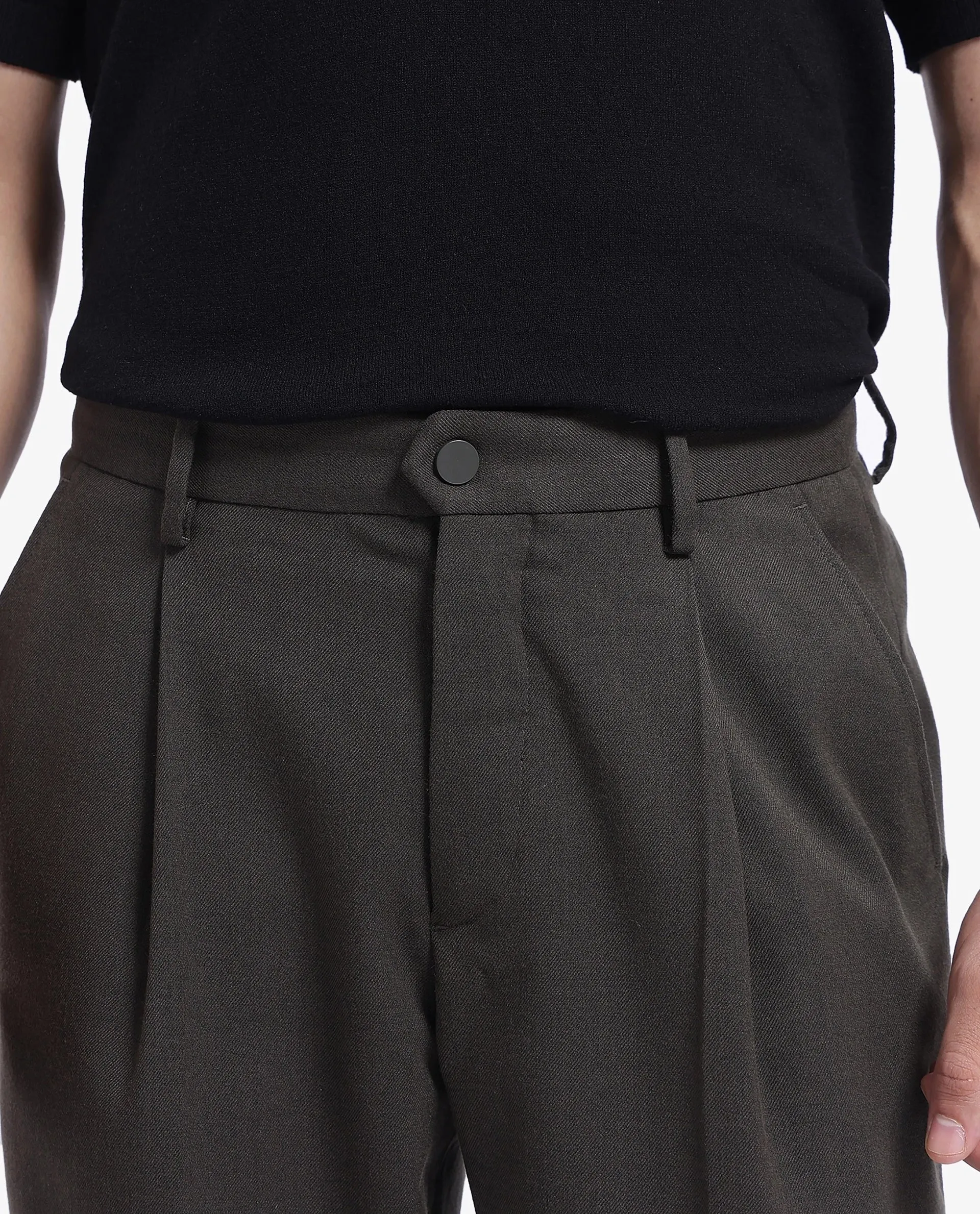 Rare Rabbit Men Branter Olive Polyester Rayon Fabric Mid Rise Pleated Relaxed Fit Trouser