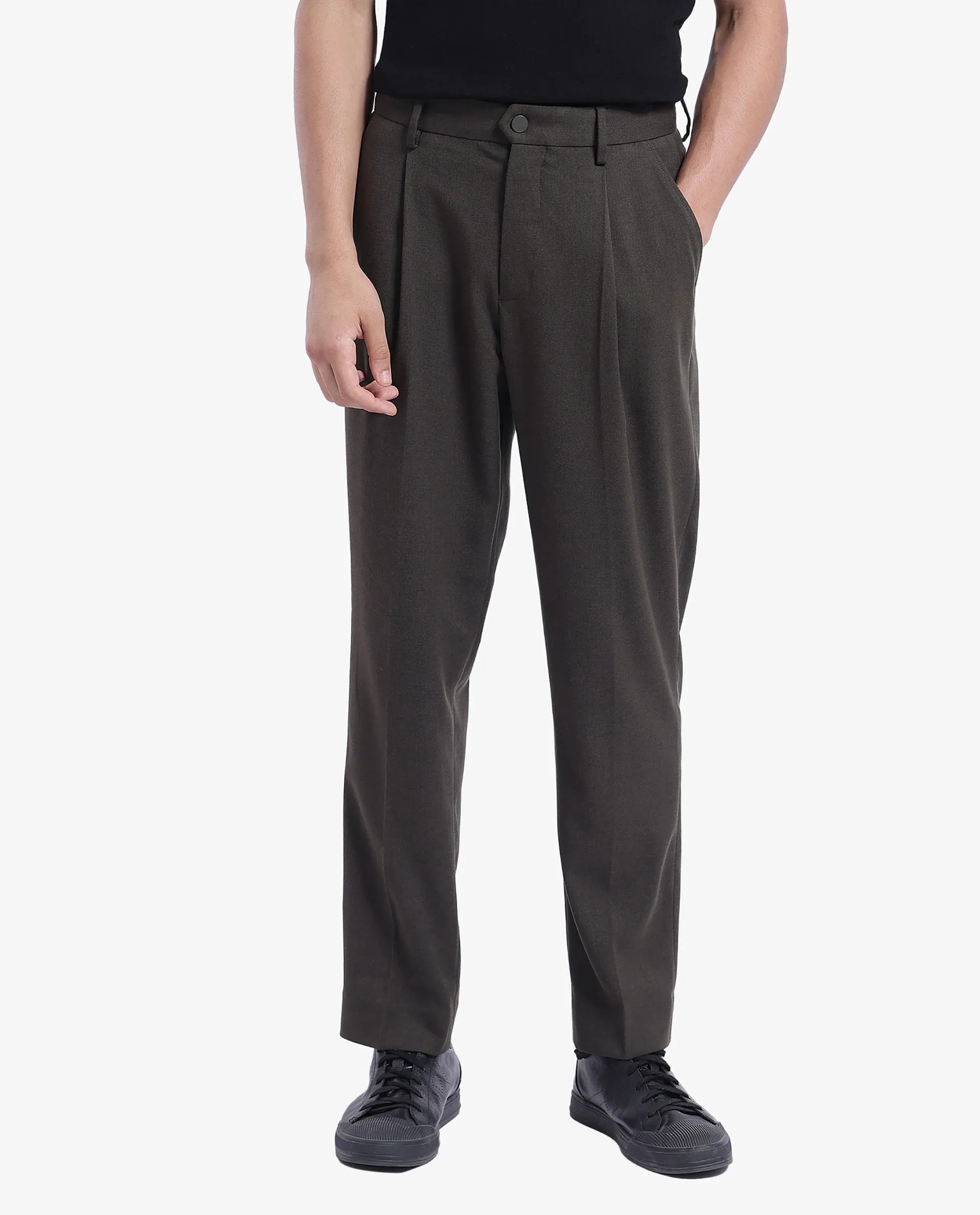 Rare Rabbit Men Branter Olive Polyester Rayon Fabric Mid Rise Pleated Relaxed Fit Trouser