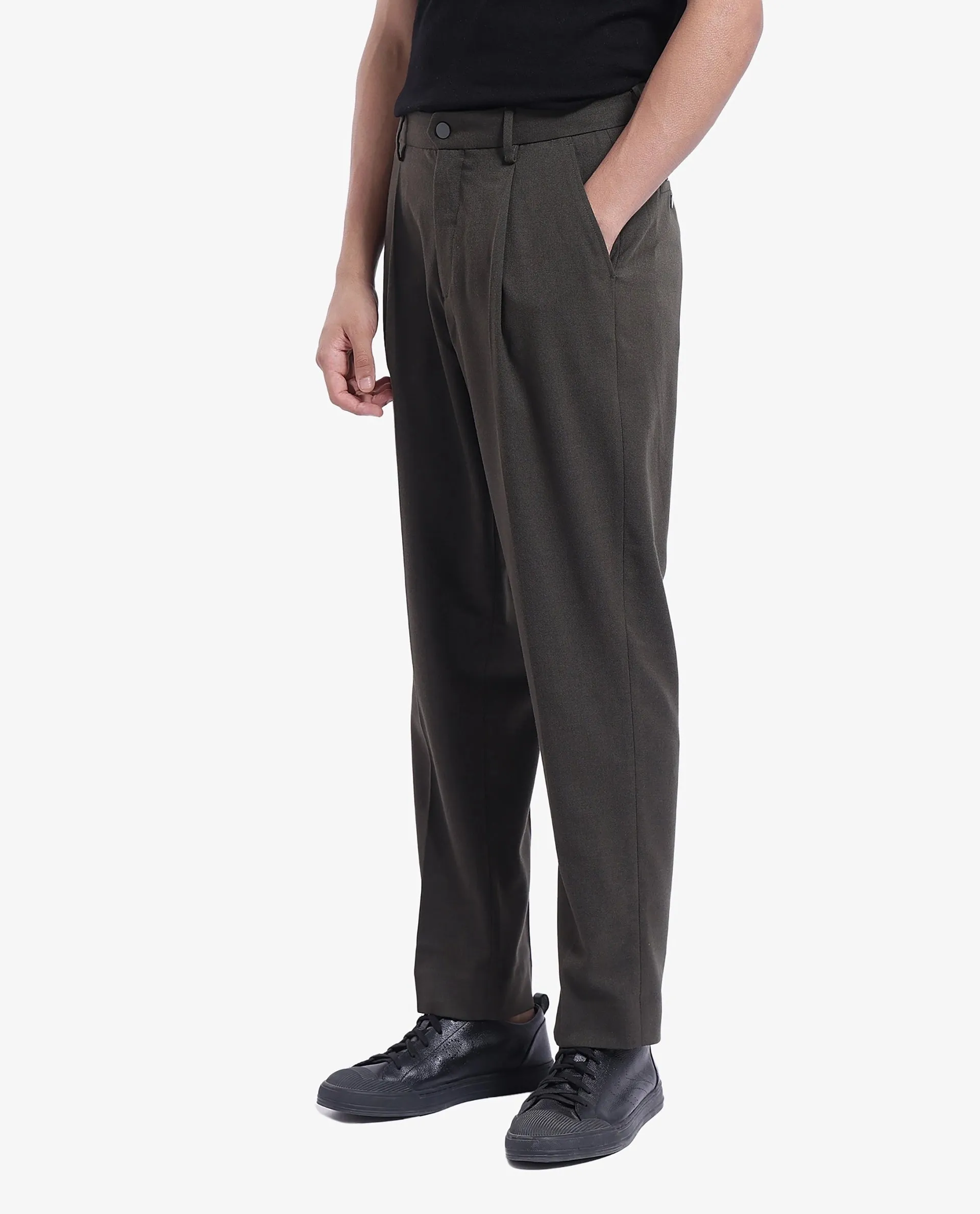 Rare Rabbit Men Branter Olive Polyester Rayon Fabric Mid Rise Pleated Relaxed Fit Trouser