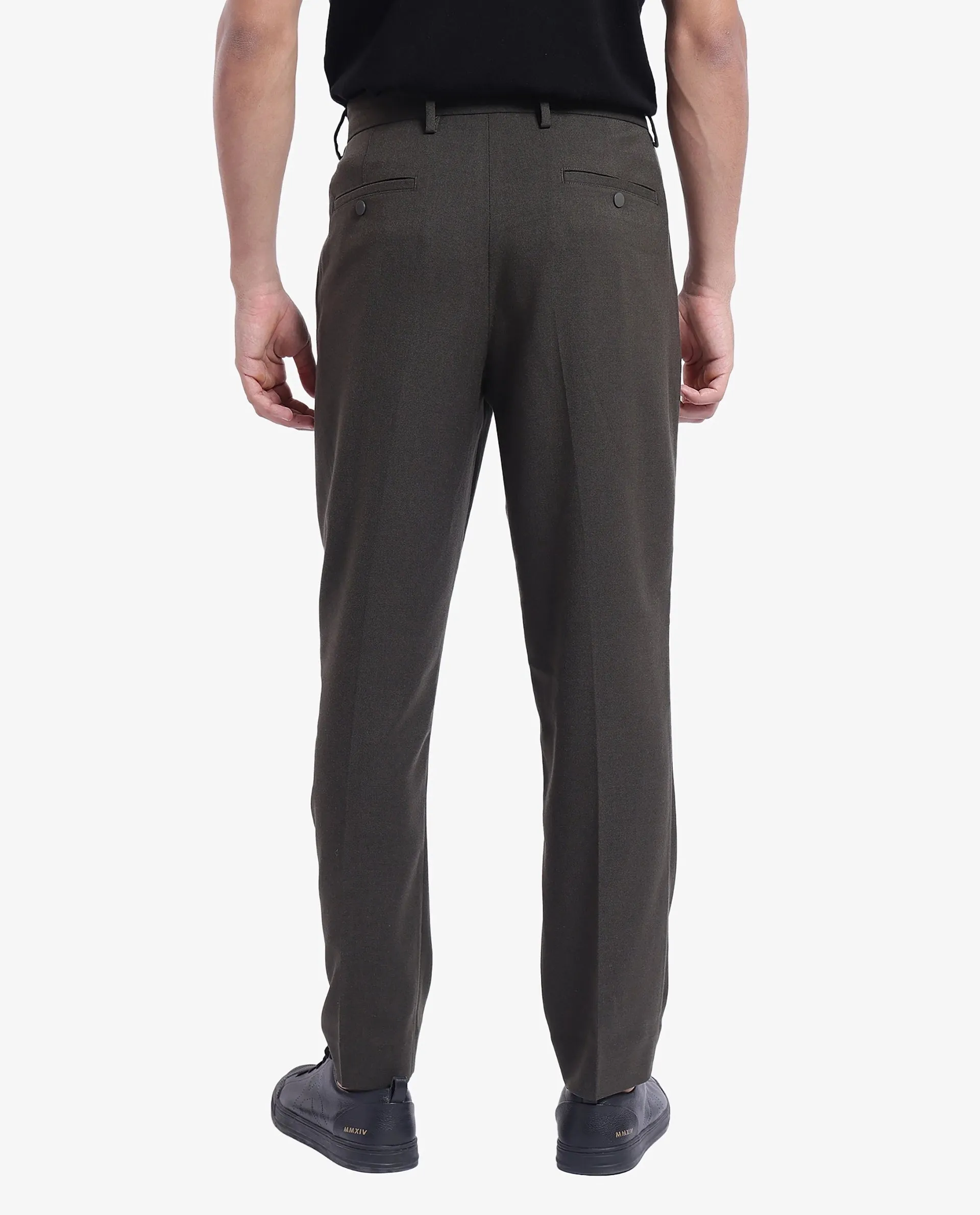 Rare Rabbit Men Branter Olive Polyester Rayon Fabric Mid Rise Pleated Relaxed Fit Trouser