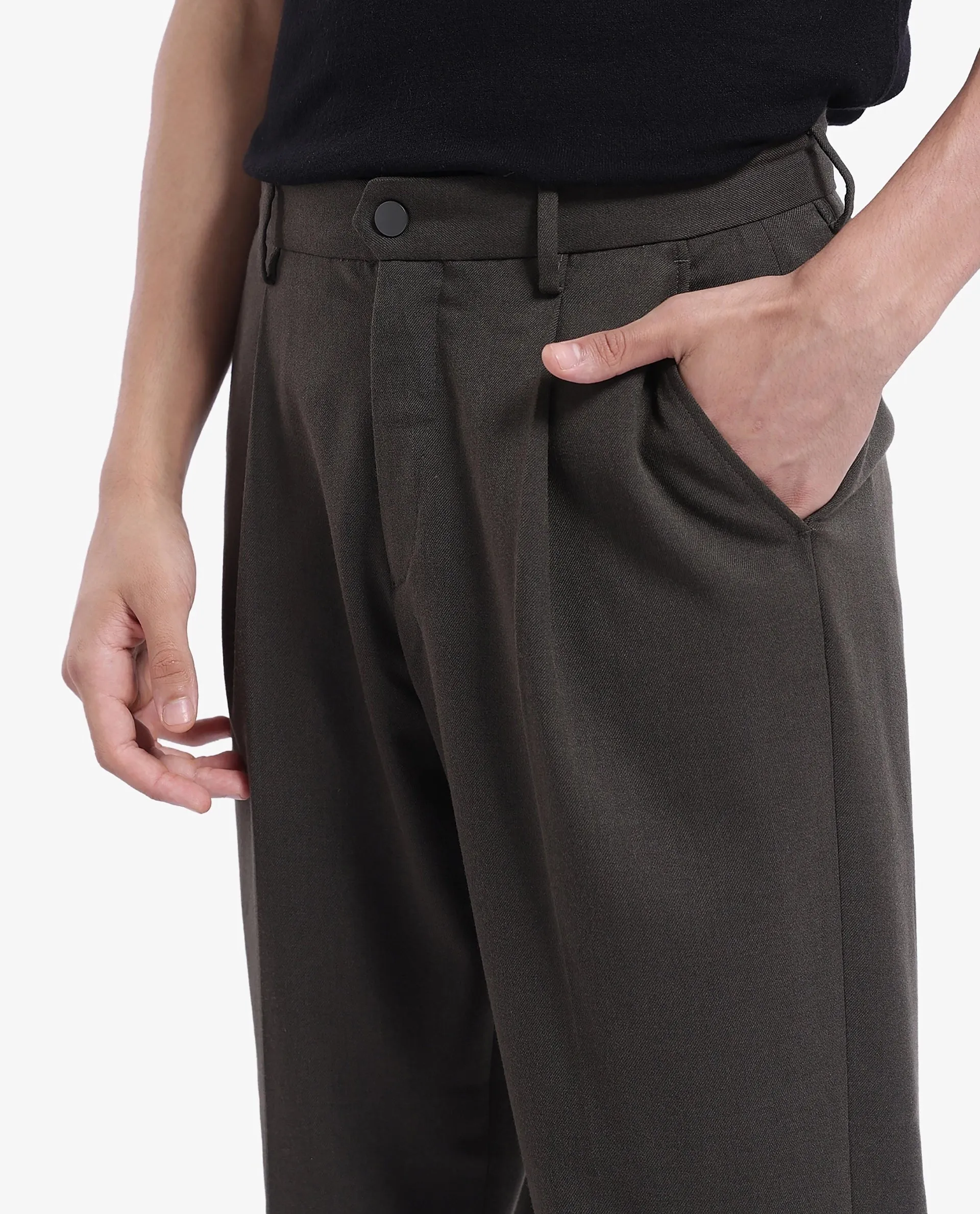 Rare Rabbit Men Branter Olive Polyester Rayon Fabric Mid Rise Pleated Relaxed Fit Trouser