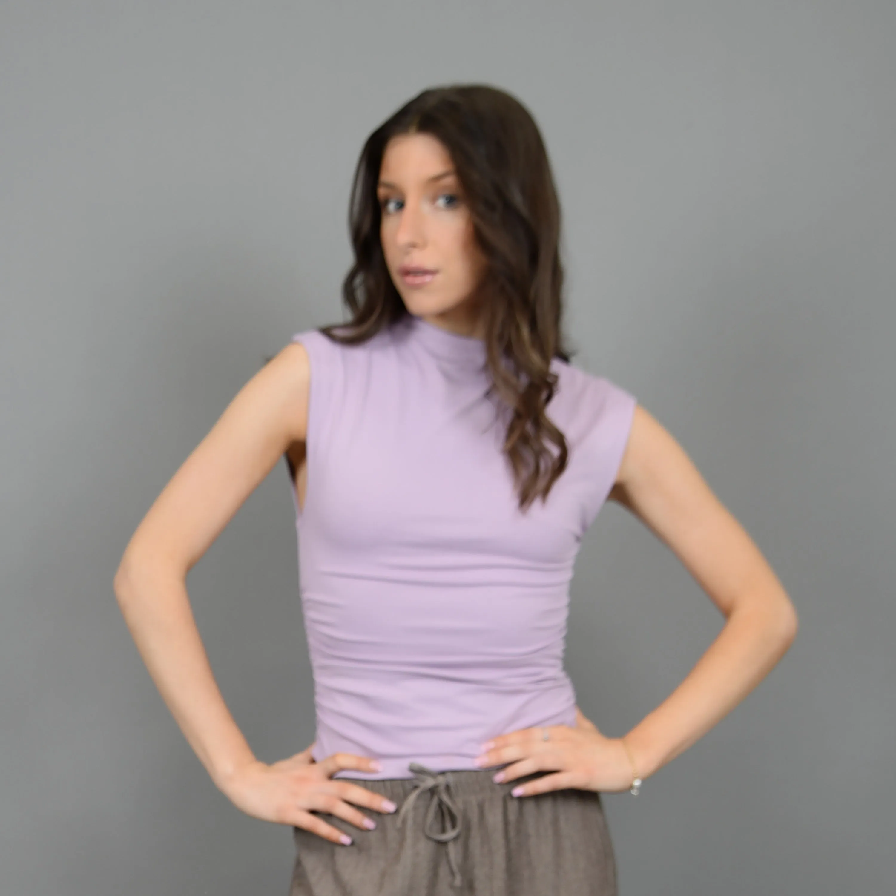 SECOND SKIN BY RD STYLE WOMEN'S YVE MOCK NECK RUCHED TANK TOP-DUSTY MAUVE