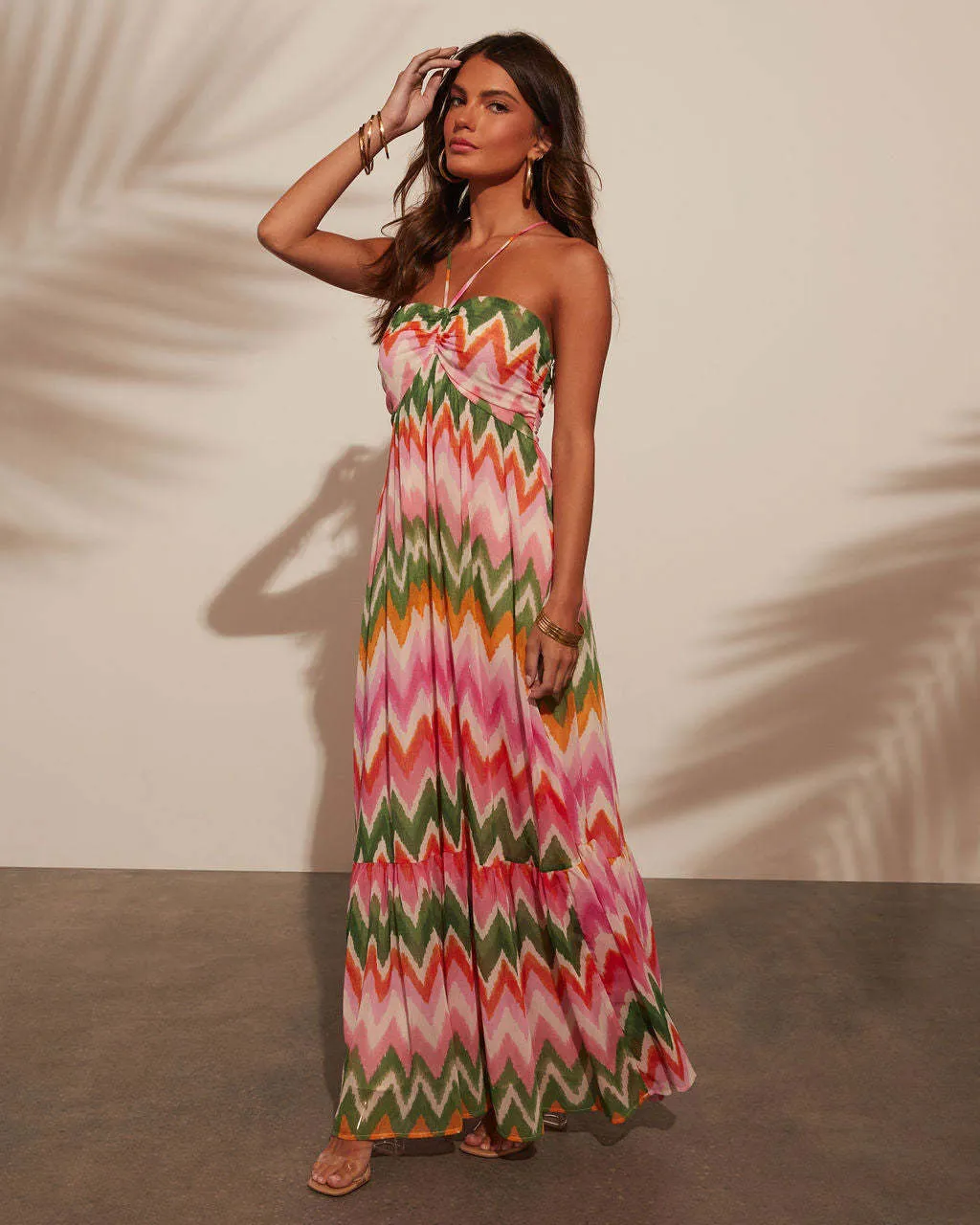 Sexy Backless Chevron Print Sleeveless Maxi Boho Dress