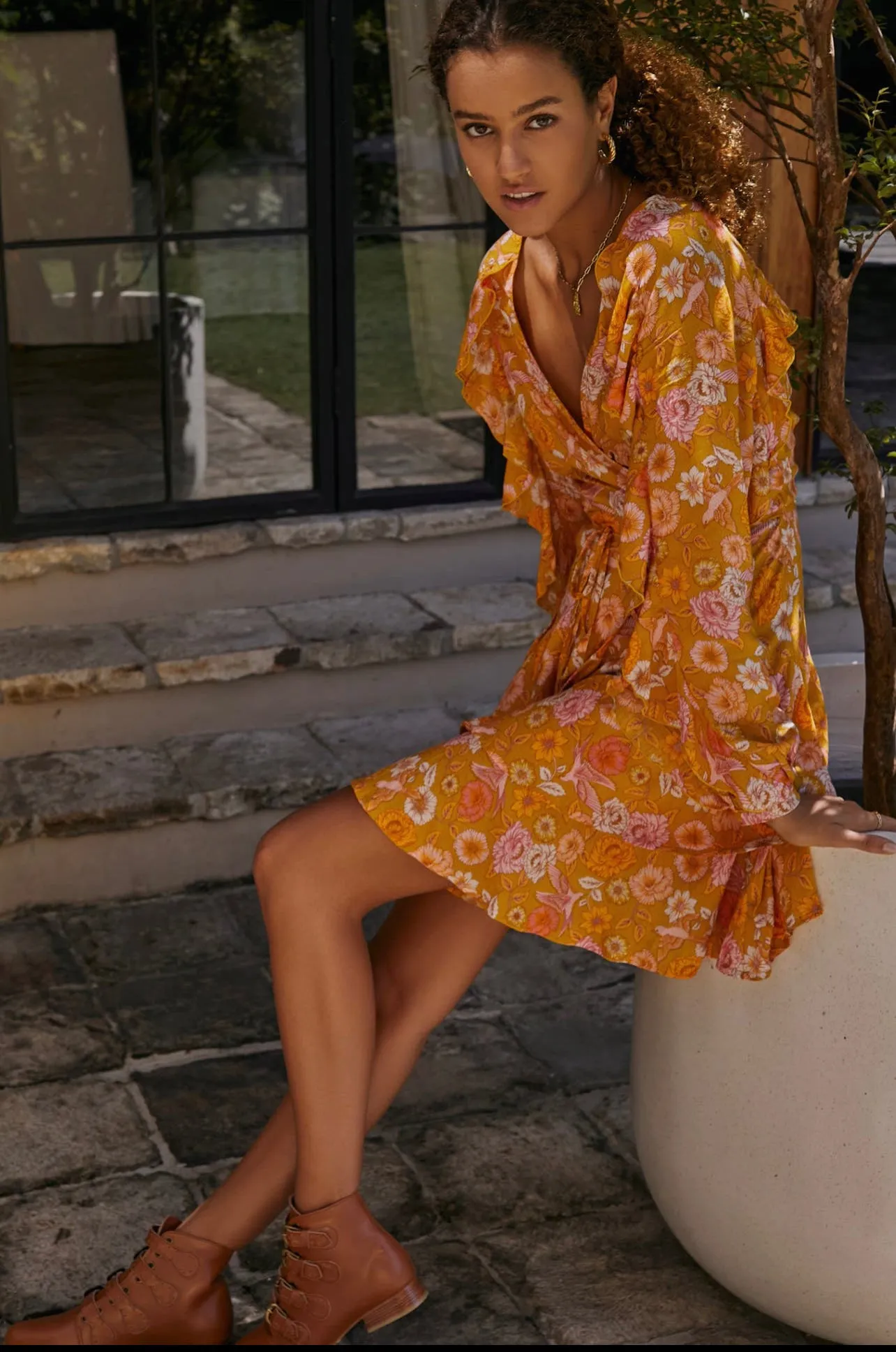 Shayla Ruffle Wrap Mini Dress - Golden Birds