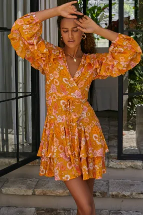 Shayla Ruffle Wrap Mini Dress - Golden Birds