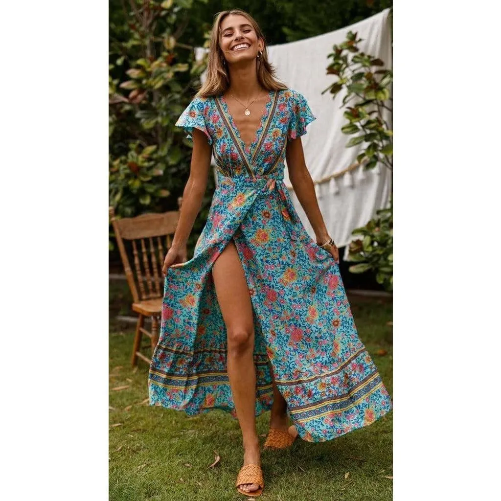 SHORT SLEEVE V-NECK WRAP DRESS