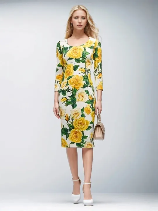 Simone Yellow Rose Floral Retro Dress