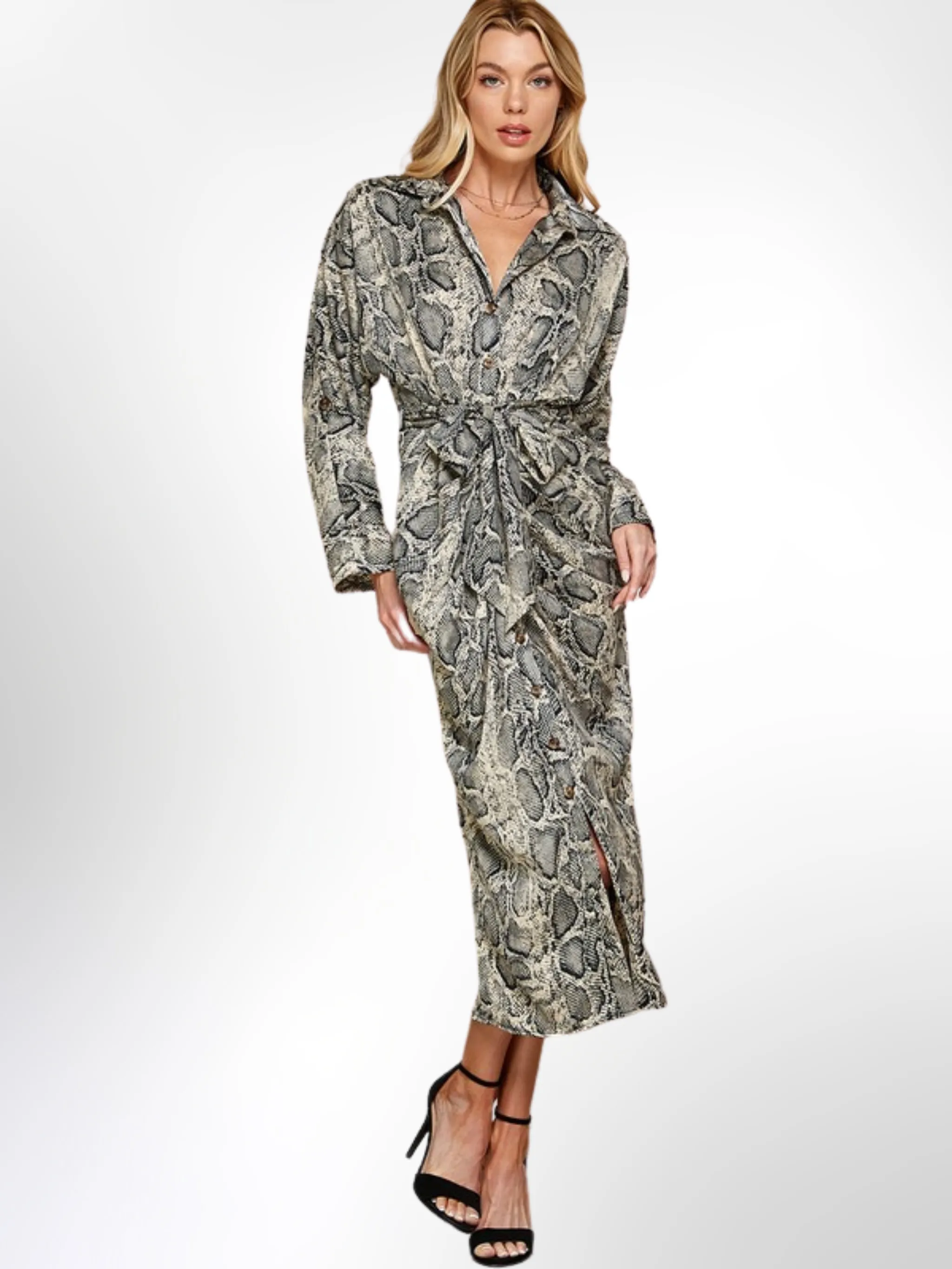 Snakeskin Print Wrap  Maxi Dress