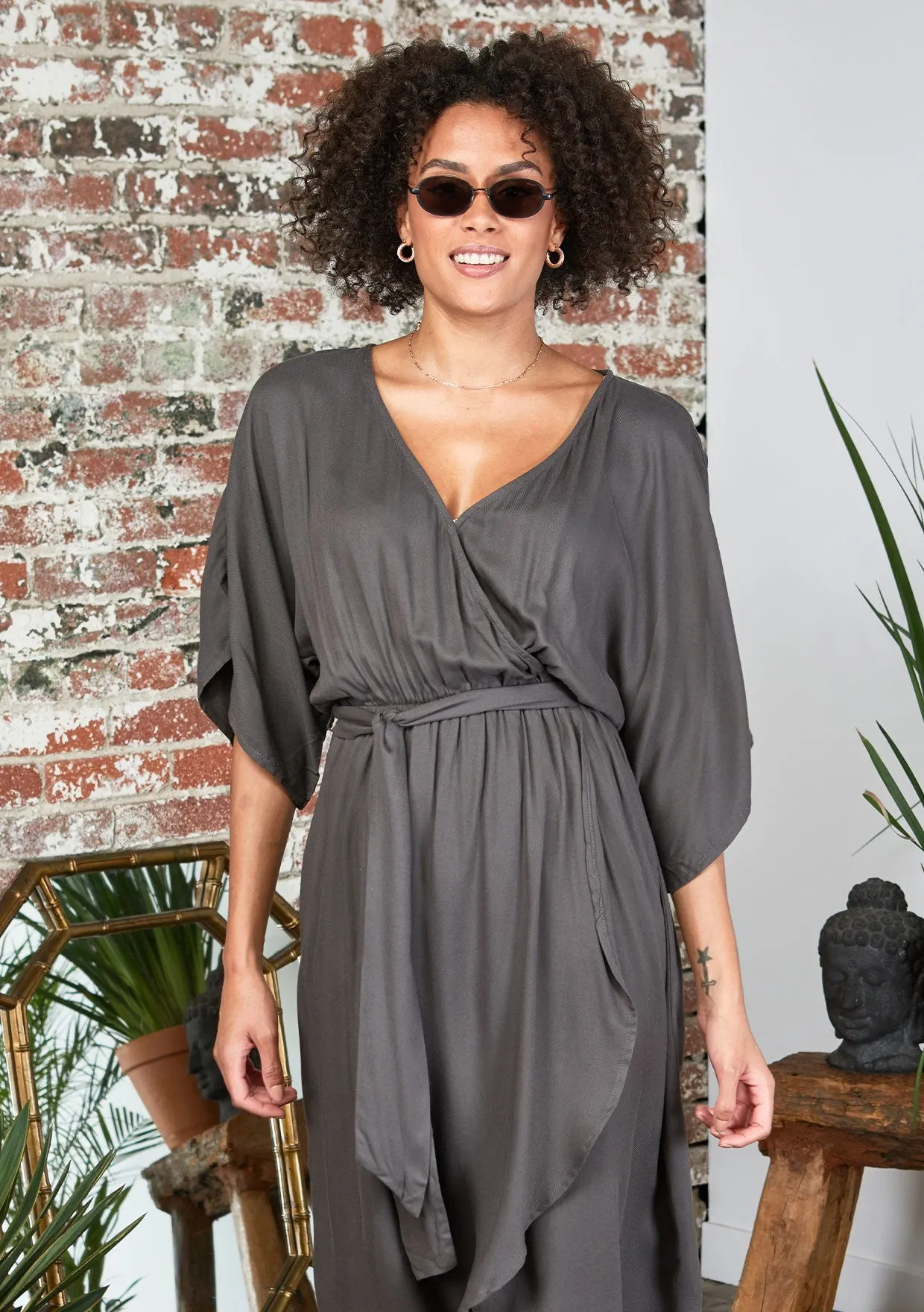 Solid Kimono Maxi Wrap Dress