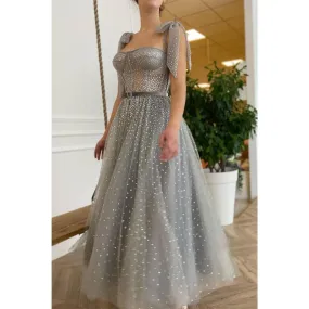 Sweetheart Silver Tulle Sparkly Formal Dress