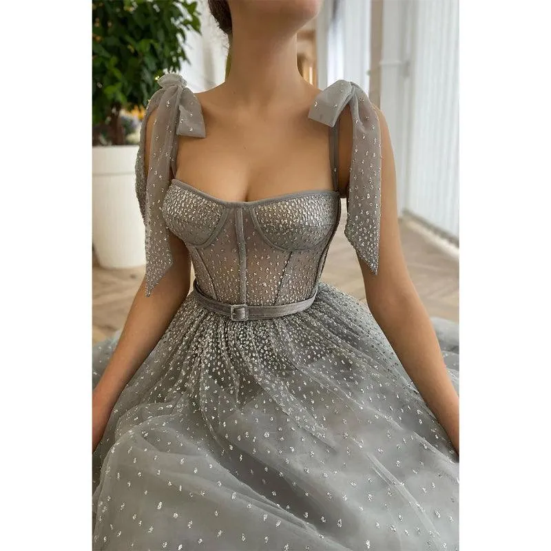 Sweetheart Silver Tulle Sparkly Formal Dress