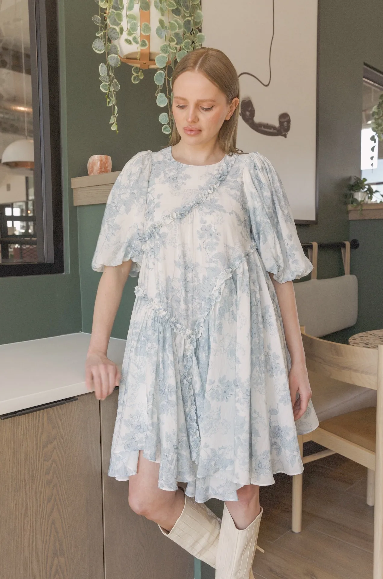 Toile Asymmetrical Mini Dress