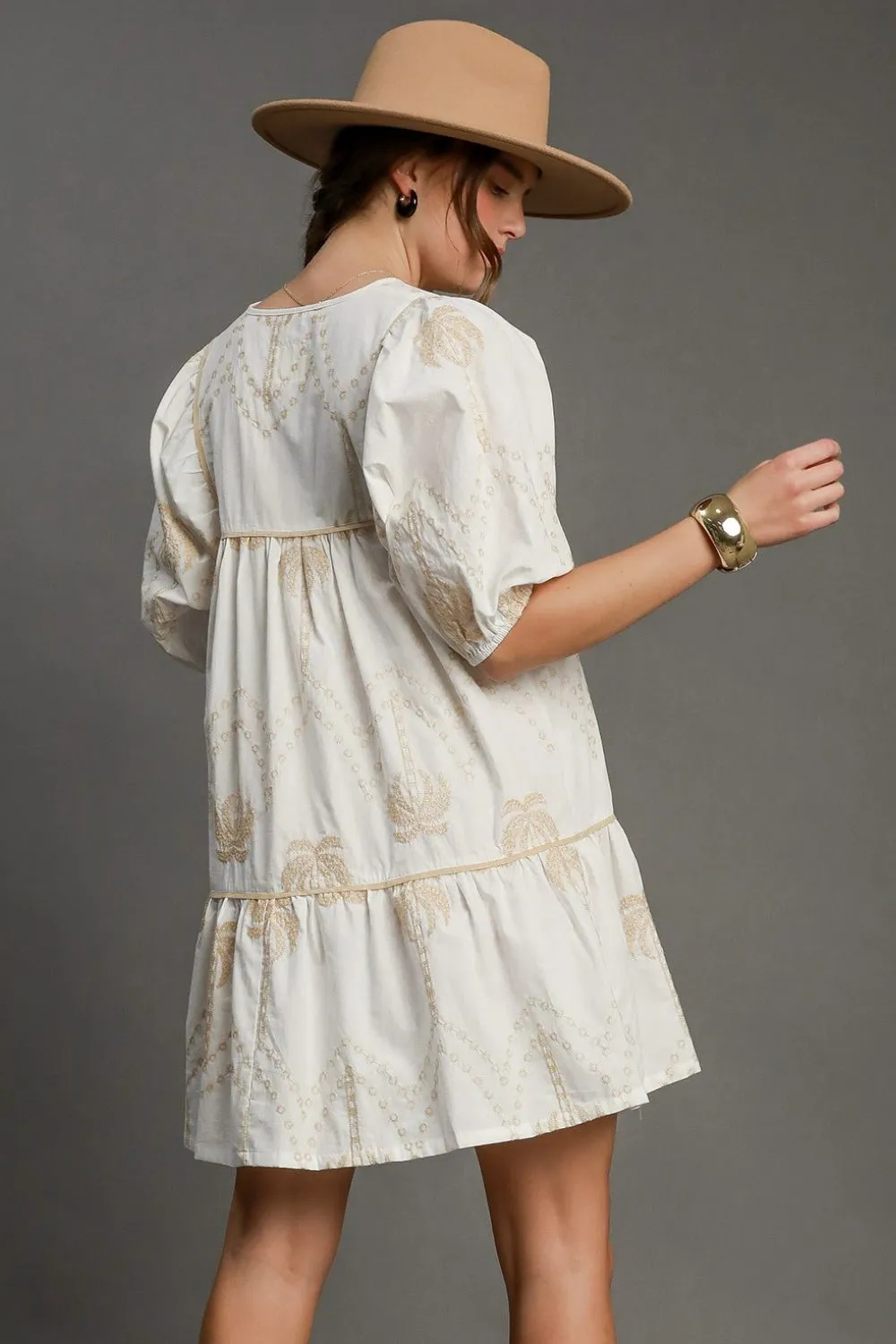 Umgee Full Size Embroidered Puff Sleeve Babydoll Dress Plus Size