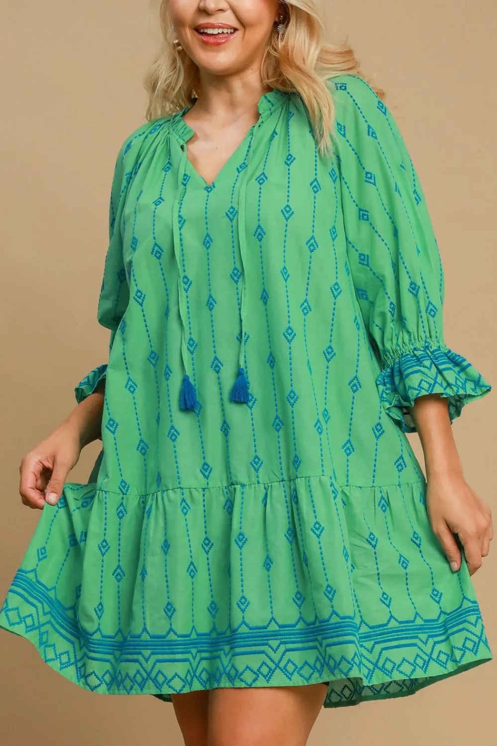 Umgee Tassel Embroidered Flounce Sleeve Mini Dress